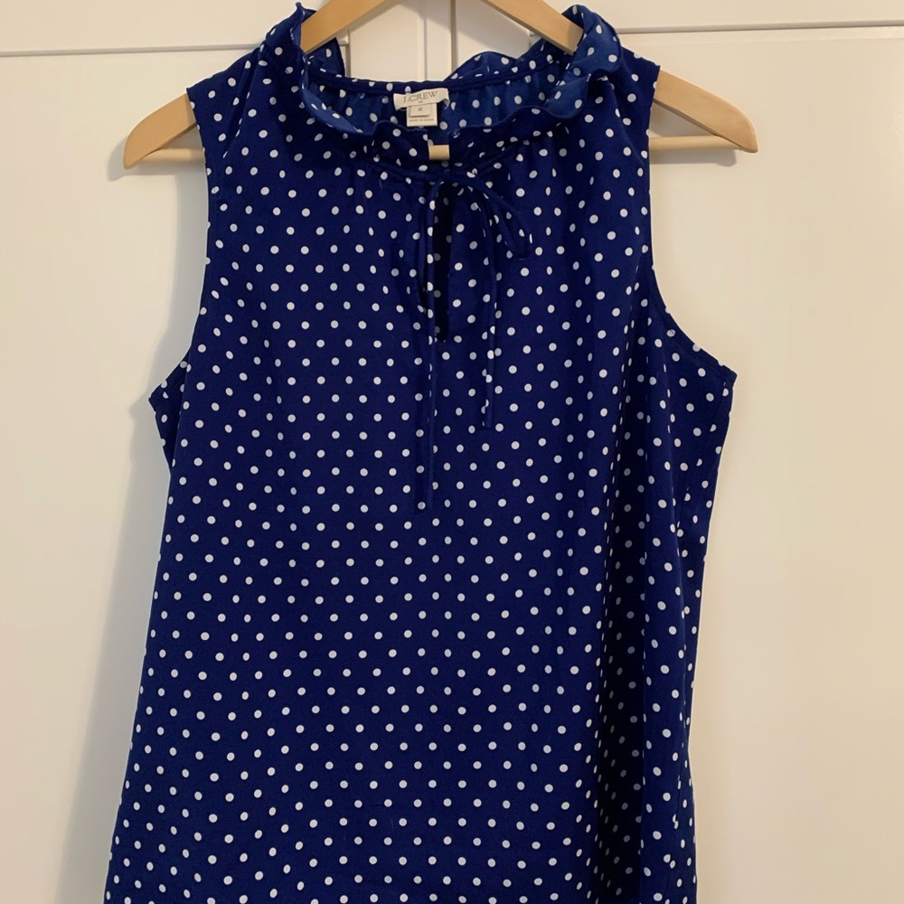 Blue blouse with white polka dots.